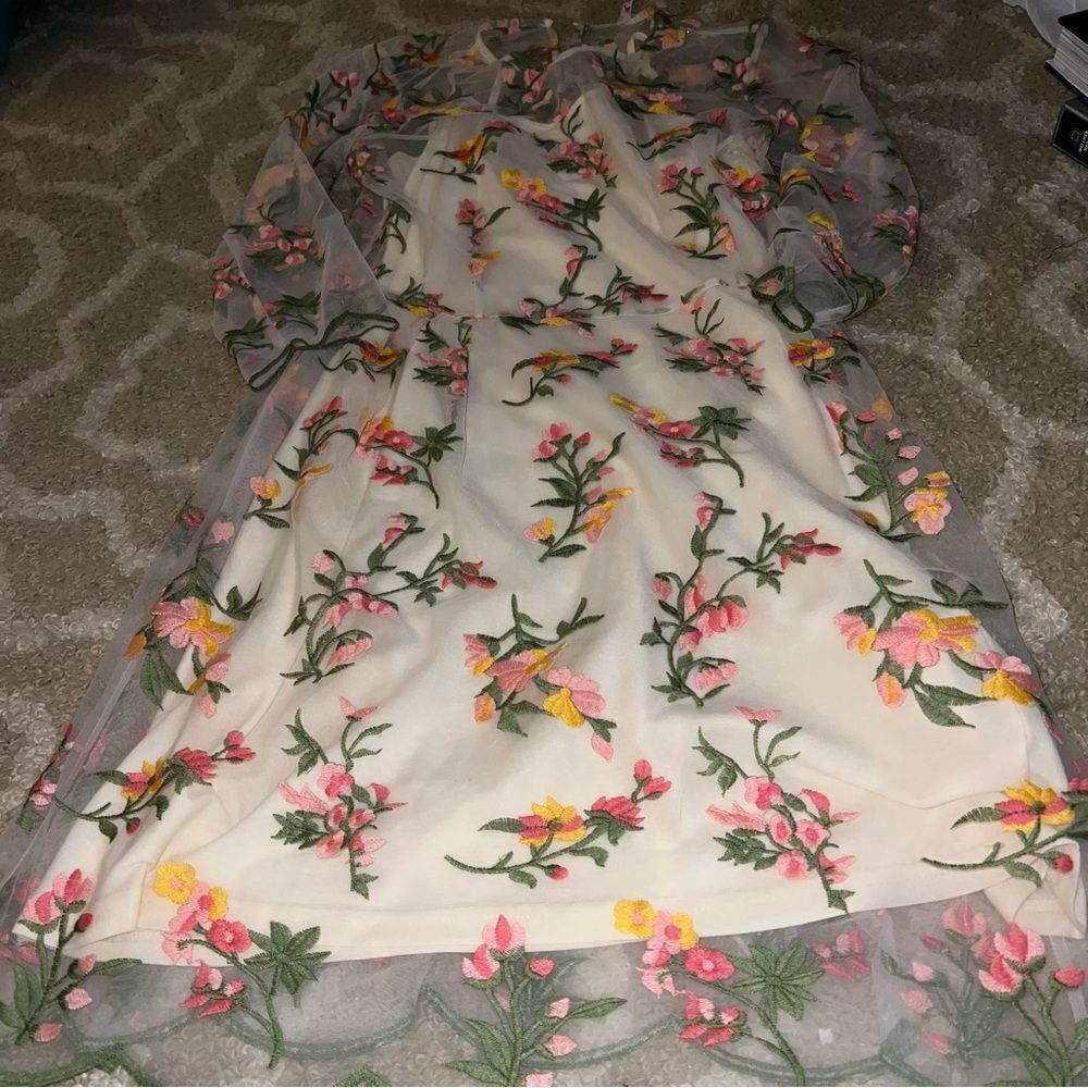 Nanette Lepore Cream Embroidered Floral Dress with Pink & Yellow Accents